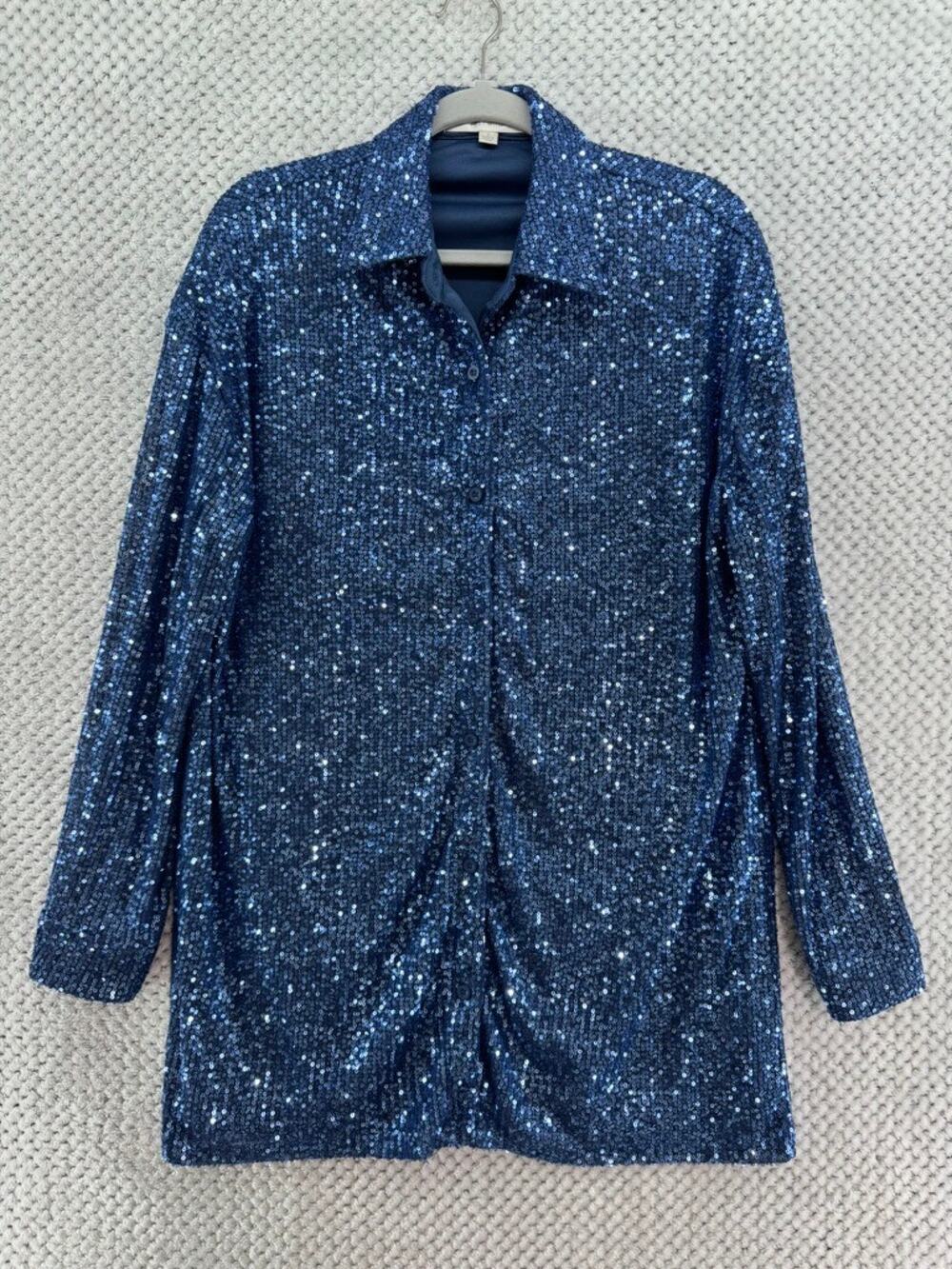 Flat White Anthropologie Botton Front Tunic Shirt Womens S Blue Sequin Party